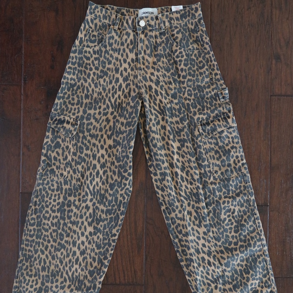 Damson Madder Leopard-Print Cargo Jeans Size 10, High-Rise Wide-Leg